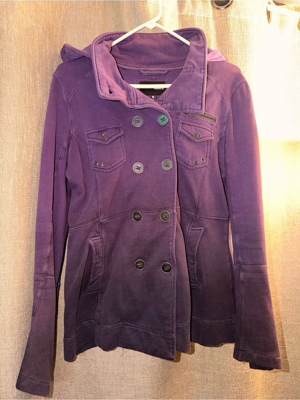 Hurley Purple Double-Breasted Hooded Pea Coat